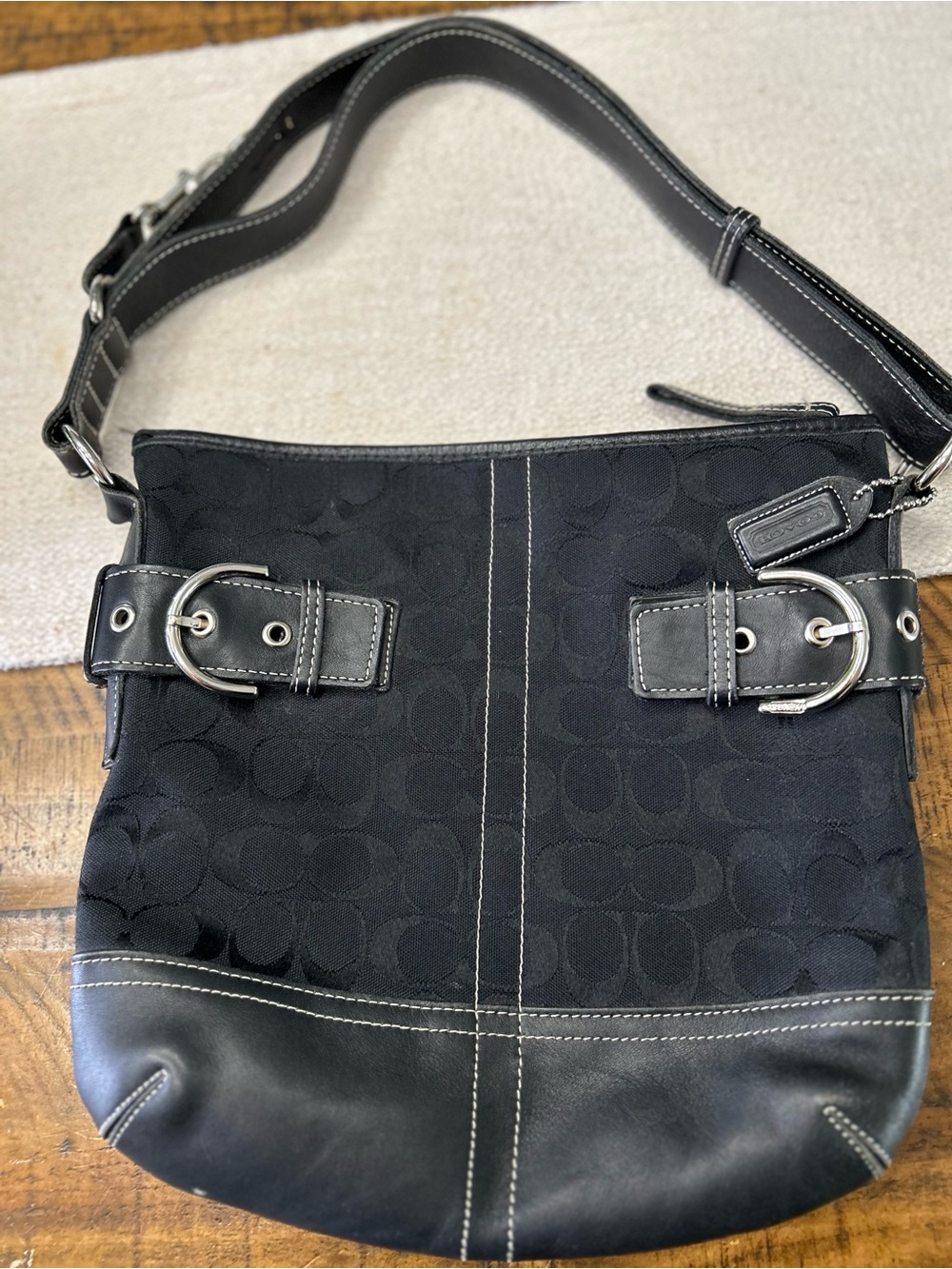Coach Black Canvas & Leather Shoulder Bag with Silver Hardware